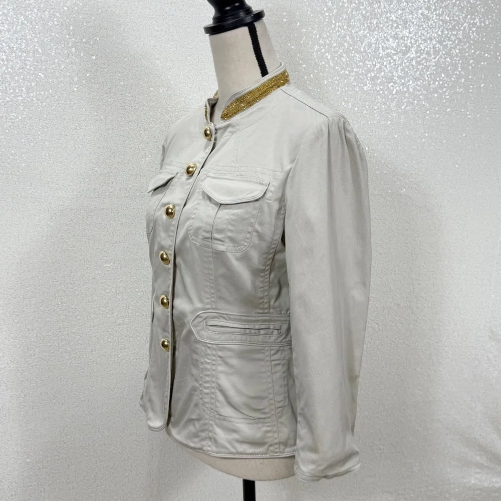 Michael Michael Kors Military Style Jacket Beige Gold Button Trim Size 8
